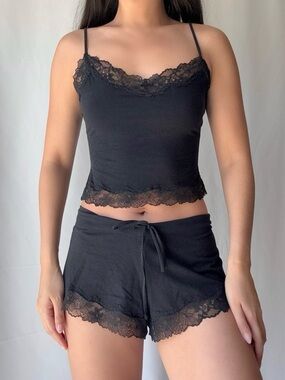 Skims Lace Trim Black PJ Short Set